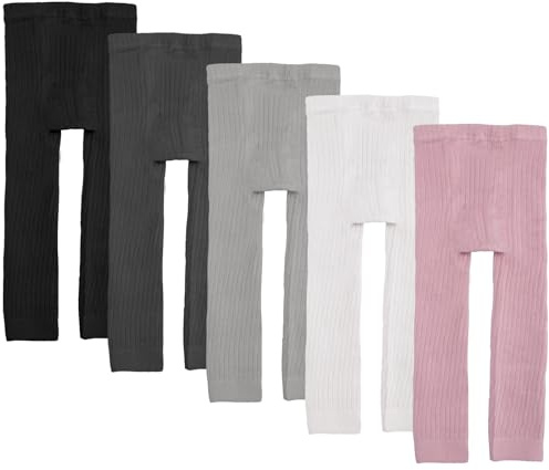 Looching 5 Pack Toddler Girls Cotton Cable Knit Leggings Classic Solid Footless Tights Ankle Length Pants for Kids (Black/White/Dark grey/Grey/Pink, 8-10Y)
