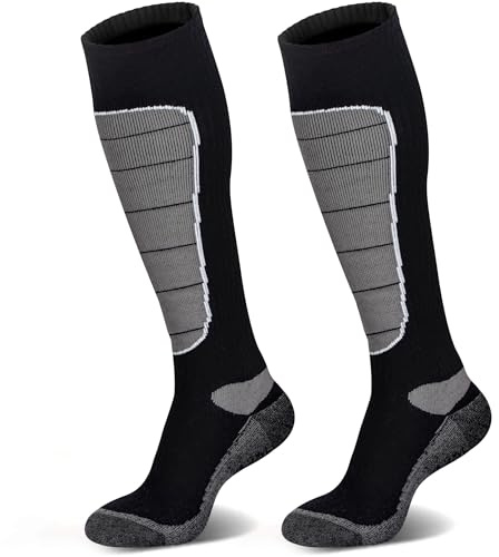 Hylaea Merino Wool Ski Socks, Cold Weather Socks for Snowboarding, Snow, Winter, Hunting, Thermal, Knee-high Warm, Outdoor Sports Grey Black 2 Pairs Large