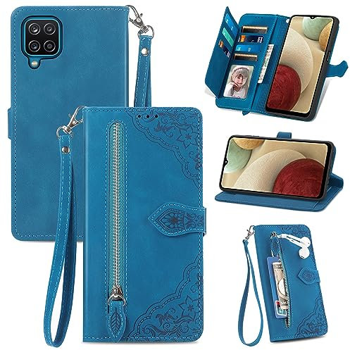 JayModCase Handyhülle für Samsung Galaxy A12 5G / M12, PU Leder Magnetverschluss Handytasche, mit Reißverschlusstasche Ständer Kartenfächer Hülle Kompatibel mit Samsung M12 - Blau