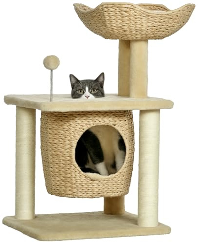 PawHut Kratzbaum 74 cm Katzenbaum mit Katzenhöhle, Bett, Katzenkratzbaum mit Sisal-Kratzsäulen, Spielball, für Katzen bis 5 kg, Beige