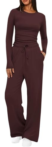 Skim Dupe Two Piece Lounge Set - Women's Long Sleeve Tracksuits with Wide Leg Pants - Y2K Streetwear in Wine