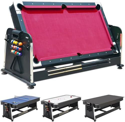 DEVESSPORT Multijuego Giratorio 4 en 1 Olimpus | Mesa de Billar, Air Hockey, Ping-Pong y Mesa de Comedor | 203.5x112x81 cm | Incluye Todos los Accesorios para los 3 Juegos (Rojo)
