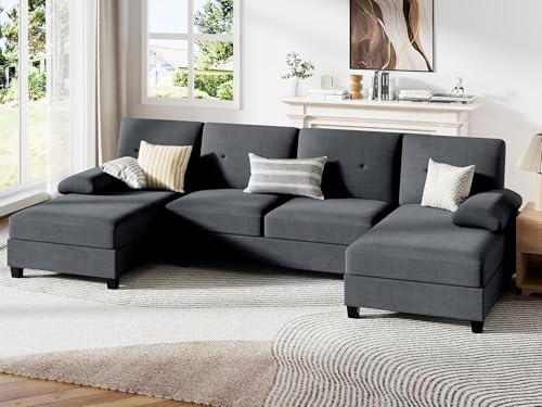 JY QAQA Sectional Couche with Soft Cushion, U-Shaped Sofa with Double Chaise, 4-Seat Linen Fabric Sofa Sets for Living Room, Apartment, Black