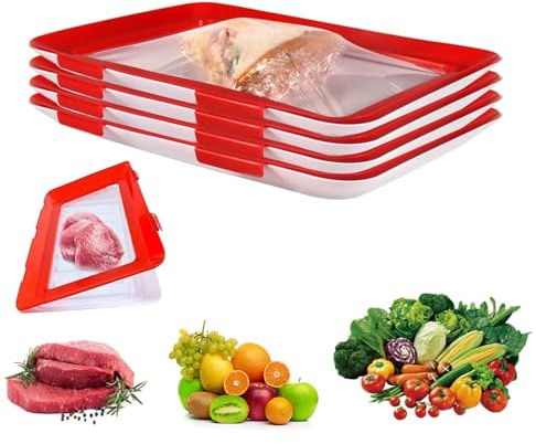 Stretch Storage Fresh Trays, 4Pcs Stackable Cold Meat Containers with Elastic Lid for Fridge Vacuum Food Preservation Tray for Meat Vegetable Fruit (Red)