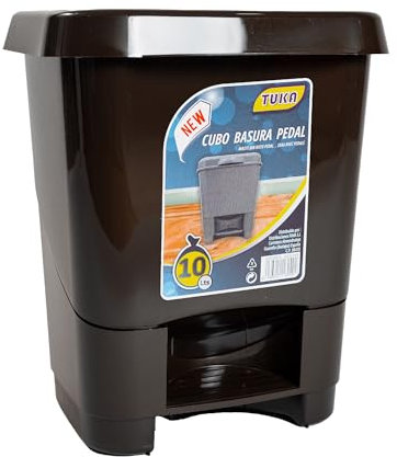 TUKA - Cubo de basura plástico, Cubo basura con pedal, Papelera, Plástico resistente, Libre de BPA (Marrón, 10 Litros)