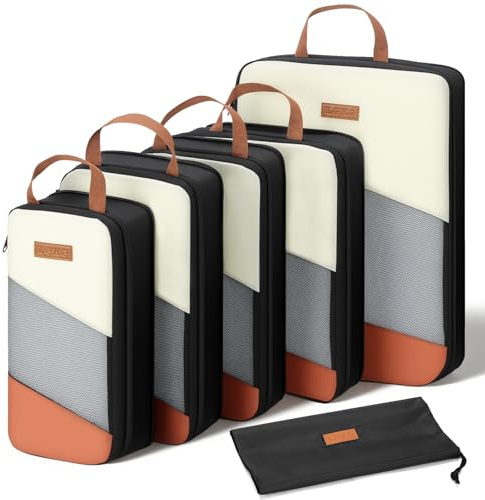 Lekespring Organizador Maleta 6 Piezas Bolsas Compresion Viaje, Packing Cubes for Travel Essentials, Organizador Maleta Viaje para Guardar Ropa, Beige+Marrón