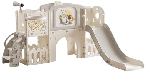 Tobogán Infantil Multifuncional para niños pequeños con aro de Baloncesto, Pelota de Baloncesto (Bomba), Volante, telescopio, Almacenamiento, tobogán Extra Largo, Regalo para niños (Gris y Blanco)