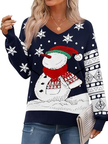 Saodimallsu Jersey navideño para mujer con diseño de muñeco de nieve, de manga larga, con cuello en V, de punto, cálido, para invierno y Navidad, azul oscuro, S