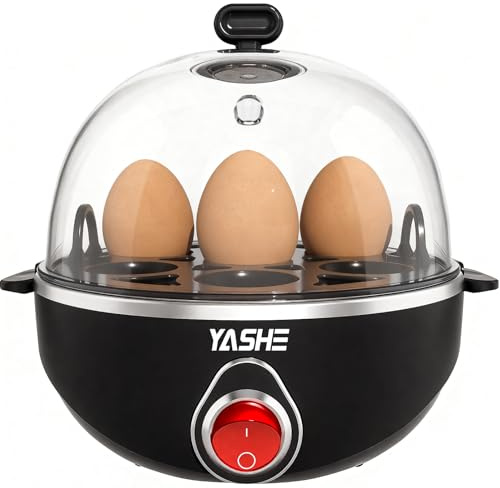 YASHE Cuociuova elettrico per 7 uova sode, medie e alla coque, con misurino, vassoio e coperchio senza BPA, spegnimento automatico e protezione dal surriscaldamento, nero