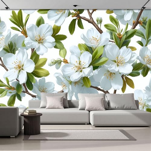3D Papel Pintado Flores Blancas Verdes Para Pared, Mural Decorativo Arte De Elegancia Natural Para Salón Dormitorio Póster Fotográfico Papel Tapiz Fotomurales De Pared 200x140cm