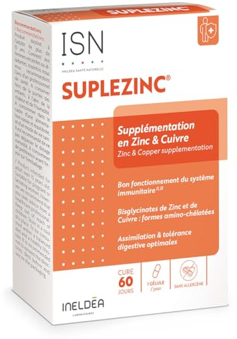 ISN - Suplezinc® - Complément alimentaire avec Bisglycinates de Zinc et de Cuivre - Soutient le fonctionnement immunitaire et offre une action antioxydante - Cure de 2 mois