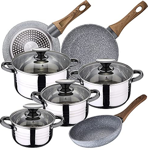 Bateria de cocina 8 piezas SAN IGNACIO Dina, acero inoxidable, con juego sartenes (22/24/26 cm) SAN IGNACIO Daimiel en aluminio forjado