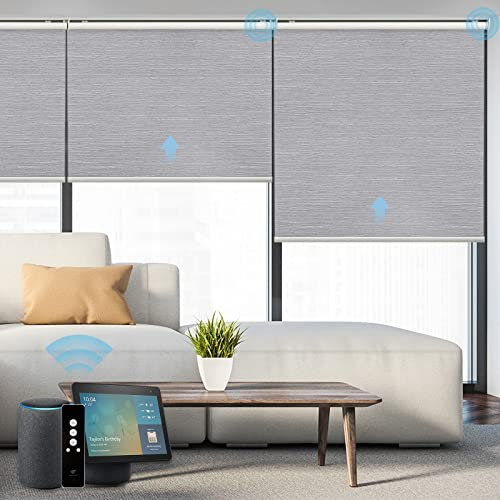 SmartWings Motorized Roller Shades, Auto Smart Window Blinds 100% Blackout with Zigbee Motor, Cordless Remote Control Rechargeable, Light Grey, W28 xH72