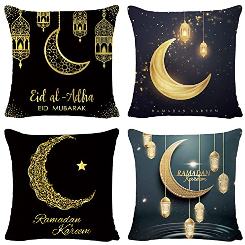 JOKILY 4 stycken Ramadan-örngott, dekorativa kuddfodral, 45 x 45 cm, linne, med måne-/lykta-mönster, kuddöverdrag för soffkuddar och prydnadskuddar, för Eid Mubarak, soffa och vardagsrum, dekoration