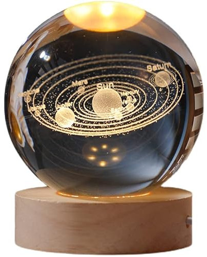 zalati Sfera di cristallo 3D a forma di pianeta con base rotonda in legno per luce notturna, ornamento decorativo per la casa, 6 cm