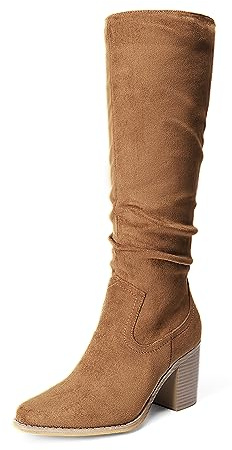 DREAM PAIRS Women's Knee-High Boots, Comfortable Chunky Block Heel Pointed Toe Pull On Side Zipper Suede Slouch Riding Boots,Size 9,Camel,SDKB2308W