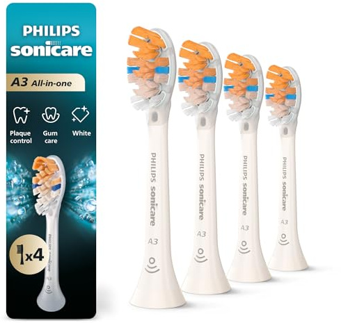 Philips Sonicare A3 All-in-One - Genuine Replacement Electric Toothbrush Heads, White, 4 Pack One Year Supply, HX9094/65