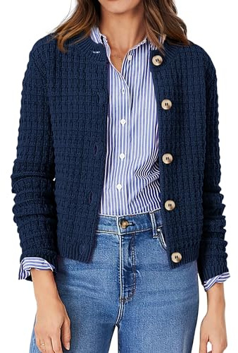 PRETTYGARDEN Women's Knit Cardigan Sweaters Casual Long Sleeve Open Front Button Down Trendy Jackets Outerwear (Dark Blue,Large)