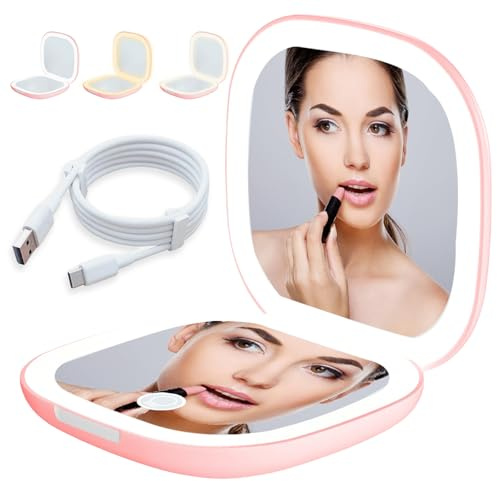 Espejo de bolsillo LED con aumento 1X/10X, espejo de aumento con luz, espejo de viaje con luz LED regulable y luz LED de 2 lados, espejo de mano plegable, regalo para niñas, color rosa