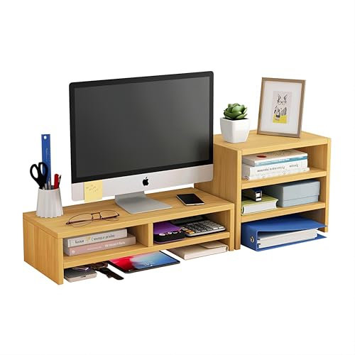 Azatemgo Support d'écran en bois avec rangement multifonction - Idéal pour ordinateurs, iMac, PC et bureau ergonomique - Naturel