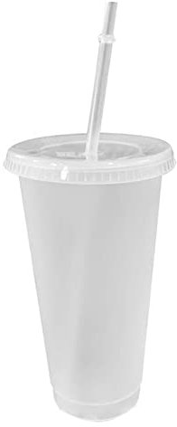 HJUGHPN Taza de café reutilizable de plástico con tapa y pajita de color blanco y negro con acabado mate