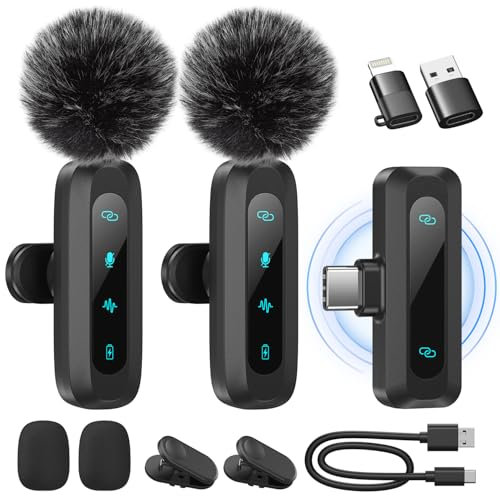 Microphone de Lavalier sans fil pour iPhone,iPad,téléphone Android,2-Pack Mini Microphone avec réduction du bruit, appairage automatique,sourdine et réverbération pour Vlogging,enregistrement vidéo
