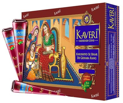 Kaveri Premium Natural Mehndi Henna Cones Non Permanent Tattoos Red Brown 12 Pack 100% Natural PPD Free No Harmful Chemicals