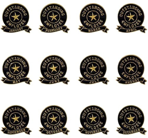 Lawnrden Pin de récompense en émail plaqué, 12pcs Employé du Mois Plaque, épingles d'employée en Alliage du Mois, épingle de Revers d'employés exceptionnelle pour l'équipe Personnel des employés