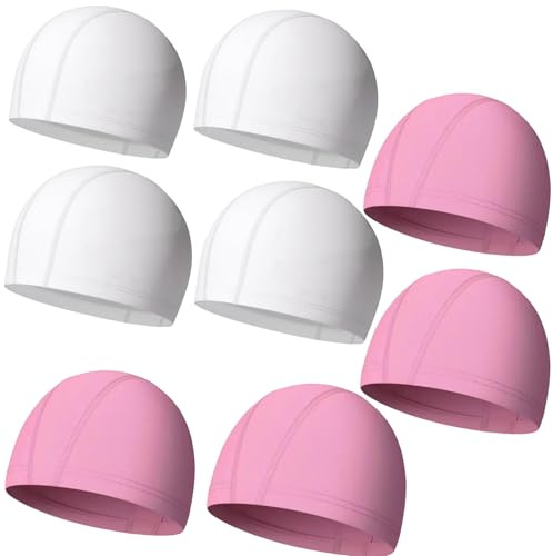 Lot de 8 bonnets de bain élastiques et légers en tissu confortable pour femmes, hommes, enfants et adultes, garçons et filles de 6 à 14 ans (8 pièces blanc et rose)
