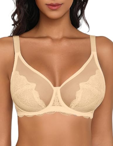 Avidlove Minimizer Bra for Women Mesh Lace Bra Underwire Centering Bra with Side Control Full Coverage Sexy Bras Peach 36E