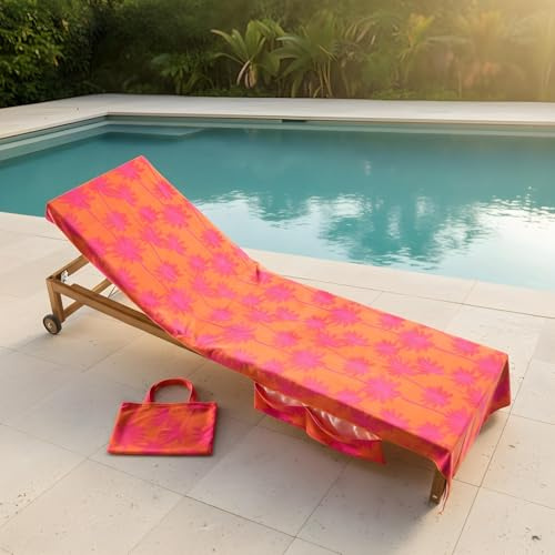 OHS Beach Towel in a Bag Sun Lounger, Soft Quick-Dry Absorbent Palm Tree Sun Bed Towel with Pockets Lightweight Large Beach Towels for Adults Holiday Essentials, 75 x 215cm - Orange Palm Tree