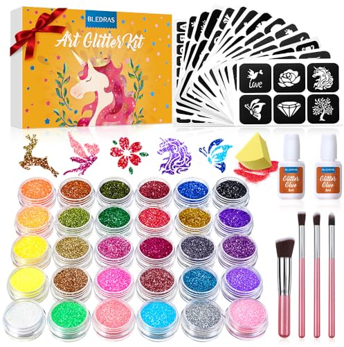 Bledras Glitzer-Tattoo-Set für Mädchen – 30 biologisch abbaubare Glitzerfarben, 147 Schablonen & Zubehör – Perfektes Geburtstags- oder Ostergeschenk für Kinder ab 3 Jahren