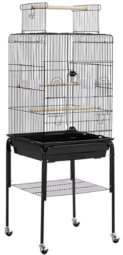 Abician Cage à Perruches avec Support Roulant, Cage à Oiseaux sur roulettes avec Étagère de Rangement, pour Les Petits Oiseaux, Cockatiels, Conures, Inséparables, Canaris, 136cm de Haut Noir