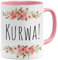 OM3® witzige Tasse mit Spruch - Kurwa! - Polnisch Polen - Blumig Kitschig | Keramik Becher | 11oz 325ml | Beidseitig Bedruckt | Rosa