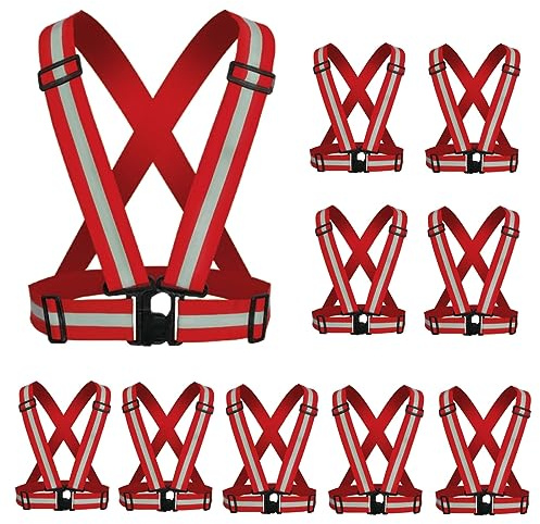 YUNLOVXEE Reflective Strap Safety Vest Gear - 2-10 Pack Adjustable High Visible Reflective Running Gear for Women Men Night (Red x10)