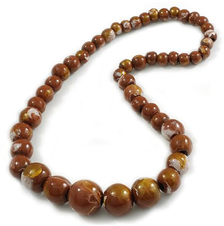 Avalaya Chunky Graduated Wood Glossy Beaded Necklace in Shades of Brown/Gold/White - 66cm Long