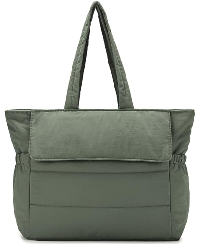 RAVUO Bolso Acolchado Mujer,Bolso Mujer Grande Ligero Puffer Tote Bag Bolso Universidad Bolsa Hombro y Shopper para Gimnasio Trabajo Vacaciones Yoga,Verde