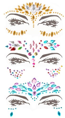 OBSGUMU Face Gems for Festivals, 3 PCS Adhesive Face Glitter Jewels Temporary Tattoo Sticker for Music Festival Holiday Party, Halloween, Christmas,Birthday Carnival