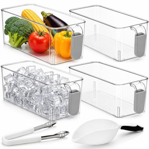 Pumtus 4 Pack Clear Ice Bins for Freezer, Plastic Ice Bucket with Flexible Scoop & Ice Tong, Pull Out Handle Ice Container, Kitchen Food Storage Organizer, Pantry Canister for Wine Beverage Fruit
