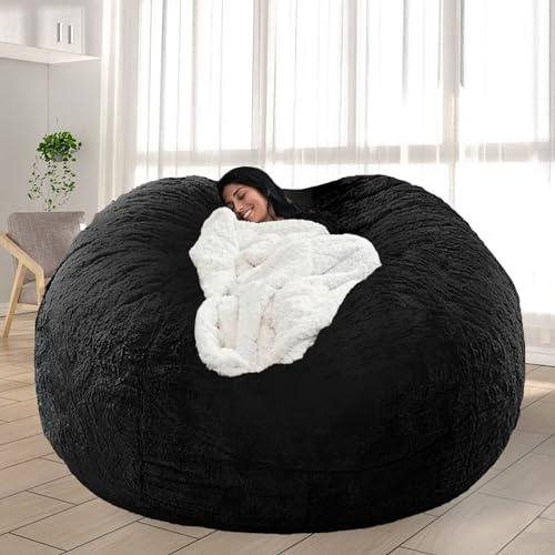 FIEATES Bean Bag Chair for Adults Kids No Filler Soft Round Giant Beanbag Chair Lazy Sofa Reading Chair Cover, 3.5FT, Black