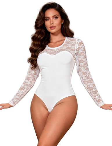 comeondear Sexig dambody spets bodysuit långärmad tryckknappar topp plusstorlek bodycon underkläder teddy rund hals, Vitt och blått, M