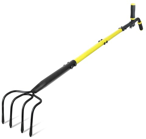 Jardineer 4-Tine Cultivator Rake with Auxiliary Handle, Garden Cultivator Long Handle, Hand Tiller Tool for Gardening Digging Loosening Weeding