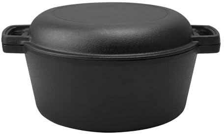 Cast Iron Dutch Oven with Skillet Lid, 4.5L 26cm Dual Handled Cookware, Pre Seasoned 2 in 1 Pot with Handle Covers for Gas, Halogen & Electric Hobs