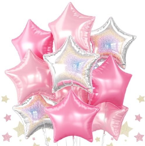 Pink and Silver Star Foil Balloons, 10PCS Pink Laser Silver Foil Stars Shape Balloon, 18 Inch Metallic Glitter Stars Balloons Helium for Girls Women Birthday, Princess, Anniversary Party Decoration