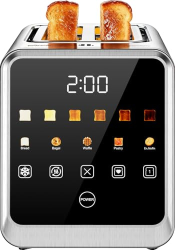 Toaster 2 Slice with Touchscreen, 1.5 Wide Slots & Memory Recall | 900W Stainless Steel Smart Digital Toasters | 6 Shade Settings for Bagels & Thick Bread | Defrost Reheat Single-Slice Mode