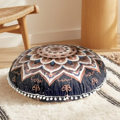 DAWNYIELD meditationskudde för golvet, rund sittkudde, kaffefärg | Sittdyna med tvättbart och avtagbart överdrag, 80 cm ergonomisk yoga middag med pompompom dekor, inomhus och utomhus