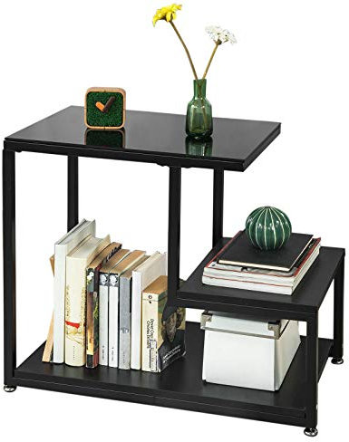 SoBuy® FBT65-SCH Beistelltisch mit Glasplatte Sofatisch Glastisch Couchtisch mit 3 Ablagen schwarz, BHT ca.: 65x55x35cm