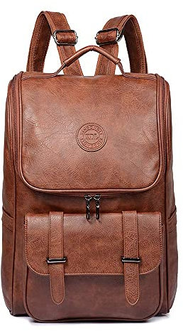 Vegan Leather Backpack Slim Vintage Laptop Backpack for Men Women,Travel Brown Water Resistant Brown College School Bookbag Weekend Daypack Bag.