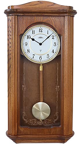 PRIM Retro Pendel-Holzwanduhr Radio Melody funkgesteuert, Braun/Melody, Design Funkuhr, große Wand-Dekoration: 605 x 305 x 105 mm, Melodie und Ton, Luxus Deko für Wohnzimmer, Schlafzimmer, Büro
