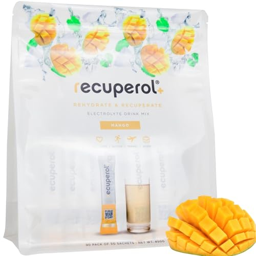 Recuperol Electrolytes Sachets - Rehydration Electrolytes Powder with Zinc, Vitamin C, B12, D3 & Potassium for Hydration - Sugar Free, Vegan & Low Calorie - Mango 90 Pack